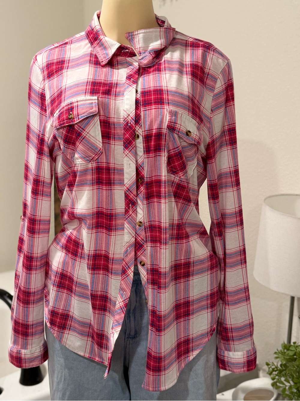 Passport Pink Plaid Button-Up — Size XL
